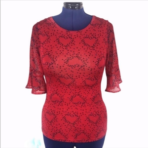ModCloth S red with blue hearts scoop neck flutter‎ semi-sheer short sleeve top